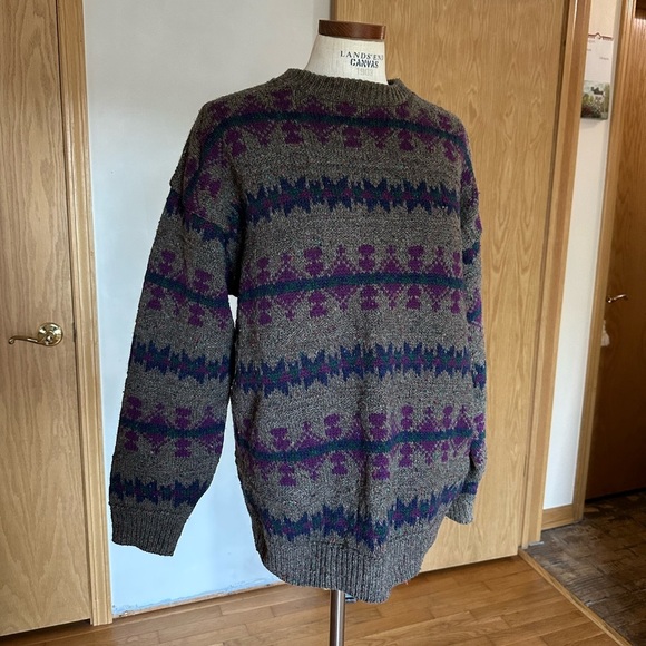Vintage 90s Wool Oversized Grandpa Men's Sweater with Gray Purple Pattern A1 - Picture 2 of 10